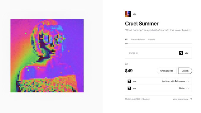 Screenshot of an NFT listing titled 'Cruel Summer' with text describing it as 'a portrait of warmth that never turns c...' priced at $49, owned by user 'you', minted August 2026 on Ethereum, showing a pixelated portrait of a person.