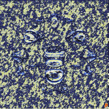 An abstract artwork featuring a highly textured, pixelated pattern in blue and yellow tones, with symmetrical shapes that subtly suggest a stylized face or mask.
