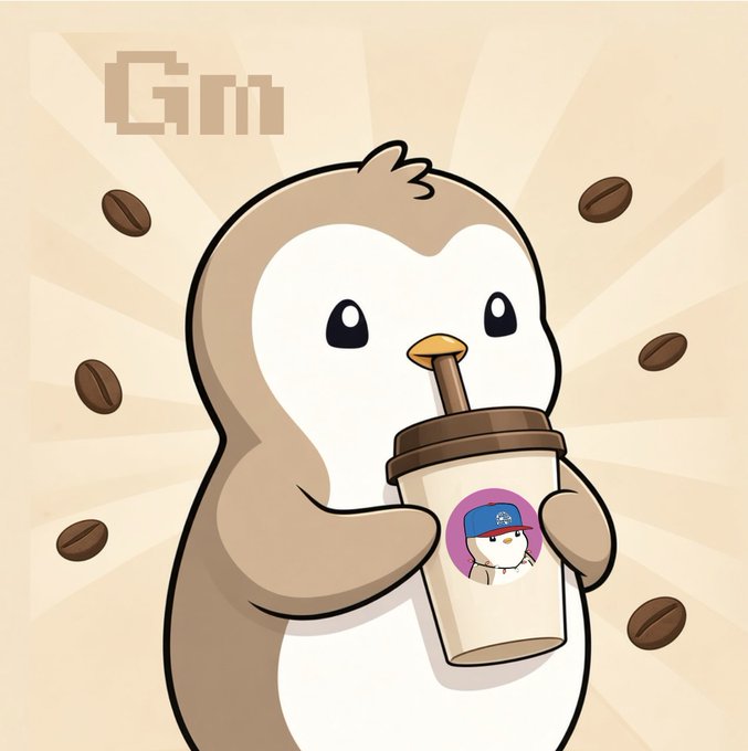 An illustration of a brown and white penguin-like character drinking an iced coffee beverage, with coffee beans floating in the background and the letters 'Gm' in the top left.