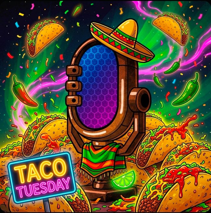 A vibrant "Taco Tuesday" digital artwork featuring a wooden microphone decorated with a sombrero and serape, surrounded by floating tacos, chili peppers, and lime slices against a colorful aurora-like background.