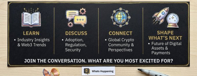A chalkboard-style promotional banner divided into four sections labeled 'LEARN', 'DISCUSS', 'CONNECT', and 'SHAPE WHAT'S NEXT' regarding Web3 and crypto topics.