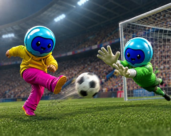 Two colorful robot-like mascot characters are playing soccer in a stadium, with one in yellow and pink kicking the ball while the other in green dives to make a save as the goalkeeper, perfectly capturing the "saving goals, creating moments" caption promoting the DLICOM mascot's social media presence.