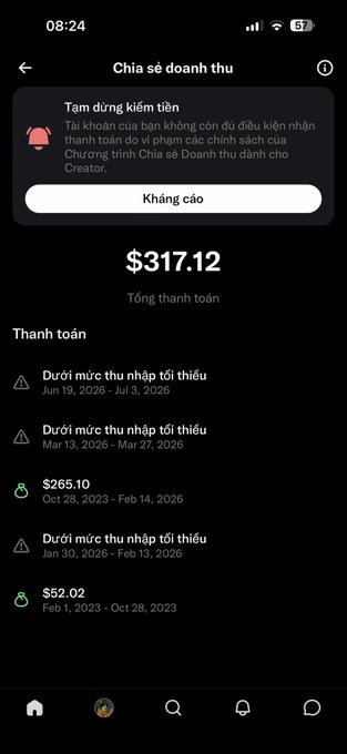A mobile app screenshot in Vietnamese titled 'Chia sẻ doanh thu' (Revenue Sharing) showing a total payment of $317.12, with a notification that the account is temporarily locked and a list of transactions, some marked 'Dưới mức thu nhập tối thiểu' (Below minimum earnings threshold).
