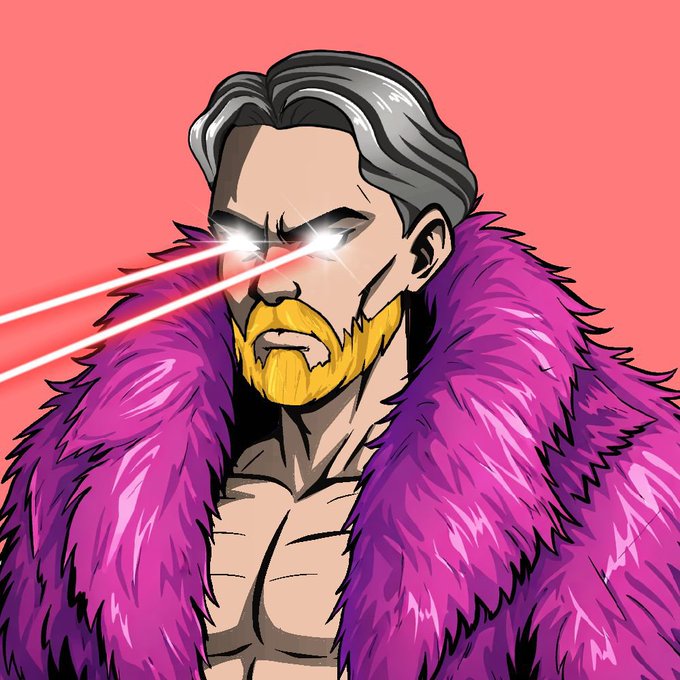 A cartoon illustration of a man with gray hair and a yellow goatee wearing a pink fur coat, shooting red laser beams from his glowing eyes against a red background.