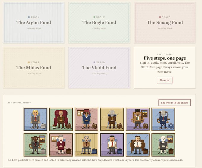 A website interface for NFT collections called 'The Art Department,' showing placeholder cards for The Argon, Bogle, Smaug, Midas, and Vladd Funds, alongside pixel-art portraits of officials.