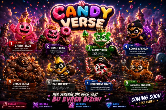A promotional graphic for 'CANDY VERSE' showing 8 collectible characters including Candy Blob, Donut Boss, Gummy King, Cookie Gremlin, Choco Beast, Banana Heist, Peppermint Pirate, and Caramel Inventor, with text 'COMING SOON' and 'BU EVREN BİZİM!'.