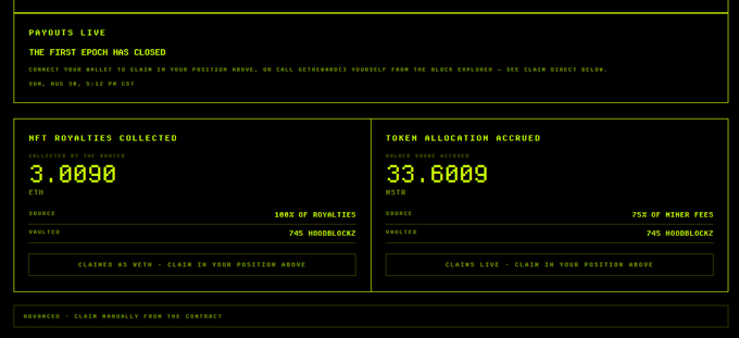 The dashboard shows payouts are live, with the first epoch closed. It reports 3.0090 ETH and 33.6009 MSTR collected for the vault, alongside “745 of 888 staked,” matching the post’s claim.