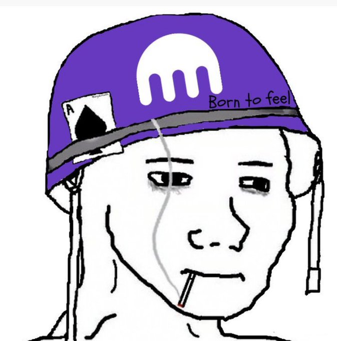 A black-and-white Wojak-style meme drawing of a man smoking a cigarette while wearing a purple Kraken-style baseball cap with an ace of spades patch and the text 'Born to feel' written on it.