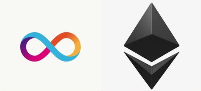Side-by-side logos of two cryptocurrency projects: a colorful infinity symbol on the left and the dark geometric Ethereum diamond logo on the right.