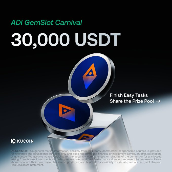 KuCoin promotional image announcing the "ADI GemSlot Carnival" with a 30,000 USDT prize pool, featuring three blue and orange ADI token coins stacked on a glass block, highlighting Activity 1 (6,000 USDT prize) with the tagline "Finish Easy Tasks, Share the Prize Pool."