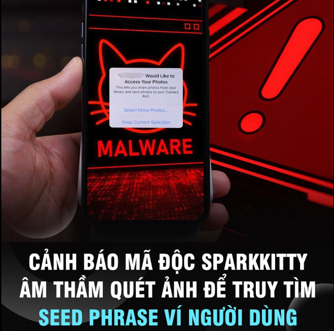 A warning graphic about the SparkKitty malware showing a hand holding a phone with a malicious photo access prompt and a cat skull, with Vietnamese text reading 'Cảnh báo mã độc SparkKitty âm thầm quét ảnh để truy tìm seed phrase ví người dùng'.