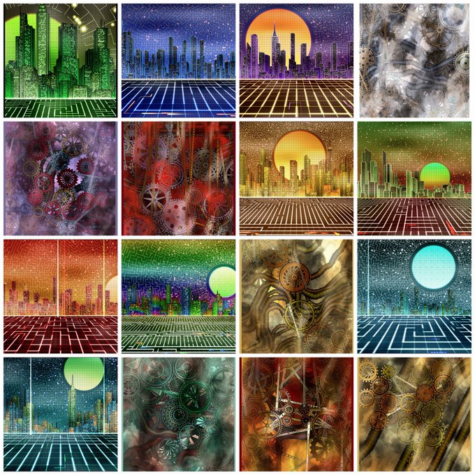 A 4x4 grid of digital artwork featuring retro-futuristic synthwave-style cityscapes with grid floors, suns, and skyscrapers in vibrant green, blue, purple, red, and orange color palettes.