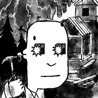 A black and white cartoonish drawing depicts a character with a square head and star-shaped sunglasses, holding a pickaxe in front of a mine shaft, with shadowy tree figures looming behind. The image's mining theme and pickaxe-wielding character visually reinforce the post's messages about "Building" and "Collecting" within the @OrdinalMaxiBiz Bitcoin Ordinals project.