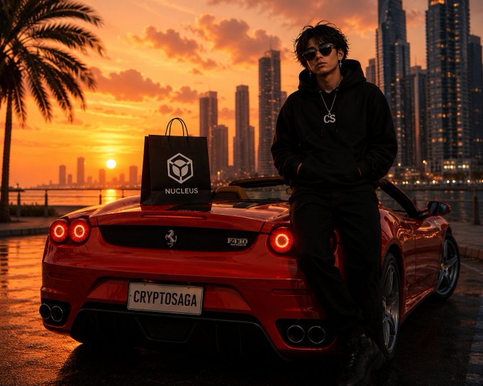 A stylized digital image shows a young man in sunglasses and a black hoodie standing next to a red Ferrari F430 at sunset, with a 'NUCLEUS' shopping bag on the trunk and a license plate reading 'CRYPTOSAGA'.