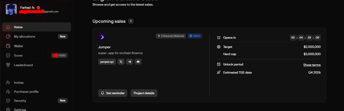 A dark-themed interface for a token launchpad showing an upcoming sale for 'Jumper' on Ethereum Mainnet with a hard cap of $3,000,000.