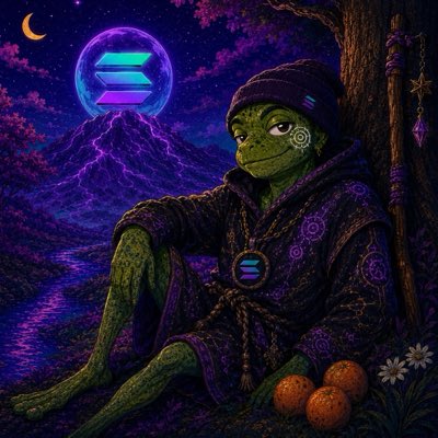 A fantasy illustration features a green frog-like character in a purple hooded robe with a Solana logo pendant, sitting under a tree beside oranges, with a glowing Solana symbol on a nearby mountain.