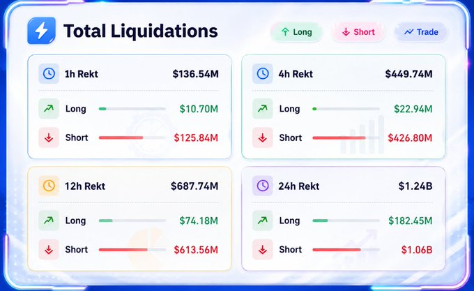 A cryptocurrency dashboard displaying 'Total Liquidations' across different timeframes: 1h Rekt ($136.54M), 4h Rekt ($449.74M), 12h Rekt ($687.74M), and 24h Rekt ($1.24B), with Long and Short breakdown bars for each.
