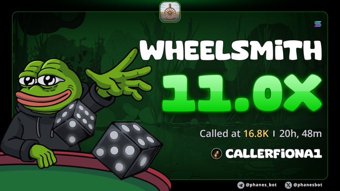 A promotional graphic for 'WHEELSMITH' features a cartoon Pepe character throwing dice, announcing an '11.0X' return, called at 16.8K in 20h, 48m by @CALLERFIONA1 on @phanes.bot.