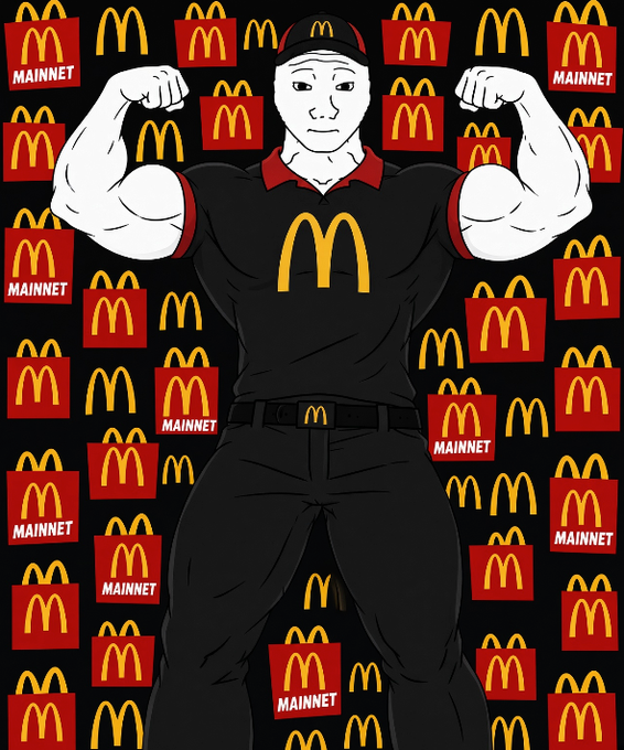 An illustration of a muscular, pale-skinned cartoon character in a black McDonald's uniform flexing his biceps, set against a patterned background of McDonald's logos and 'MAINNET' signs.