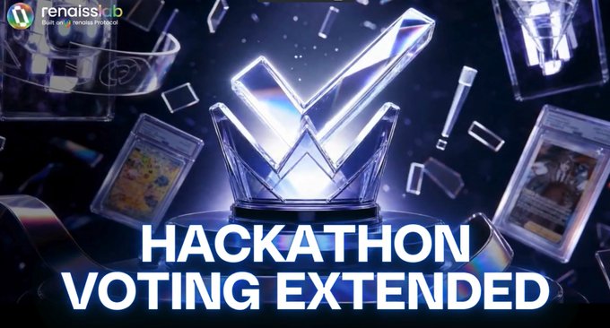 A promotional graphic with the 'renaissclub' logo reads 'HACKATHON VOTING EXTENDED' below an image of a glowing crystal trophy.