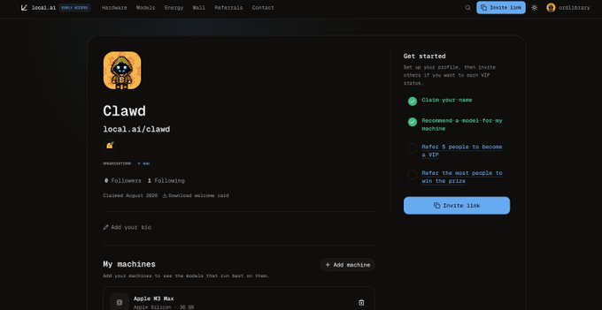 The image shows a profile page on local.ai for user "Clawd" (@clawd), featuring a yellow mascot avatar, an empty bio, 0 followers and 1 following, and a "My machines" section listing an Apple M3 Max with 64GB. The page includes a "Get started" sidebar checklist and an "Invite link" button, aligning with the post's celebration of local AI's onchain presence on Solana.