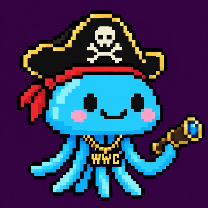 A pixel art illustration of a cute blue octopus wearing a pirate hat with a skull and crossbones emblem, a gold chain necklace with "WWC" spelled out, and holding a brown staff with a blue gem, set against a purple background.