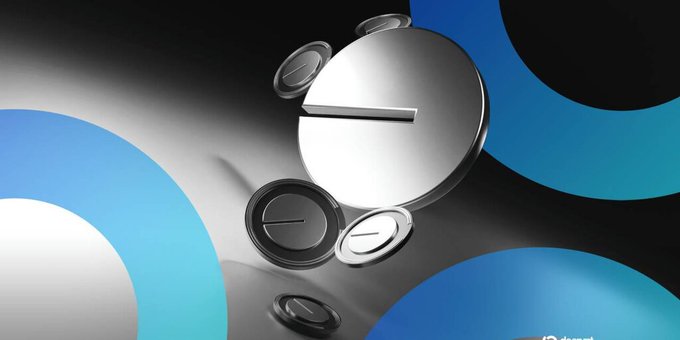 A stylized 3D render shows silver metallic coins or discs with slot-like indentations resting on a reflective surface, surrounded by glowing blue and teal circular accents on a dark background.