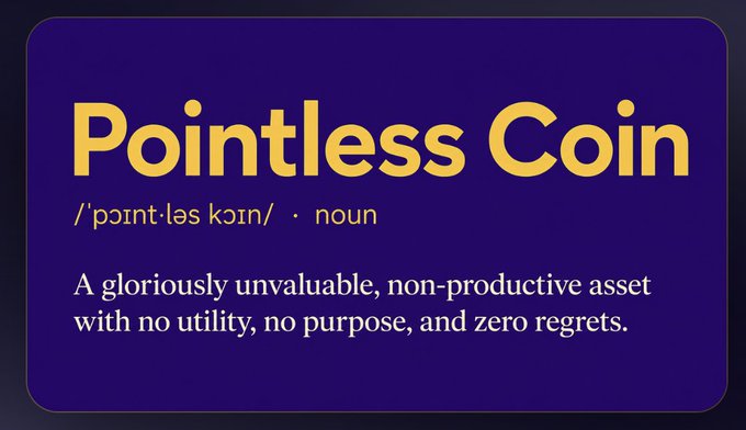 A dictionary-style definition card on a dark purple background defining 'Pointless Coin' as '/ˈpoint·ləs kɔɪn/ · noun — A gloriously unvaluable, non-productive asset with no utility, no purpose, and zero regrets.'