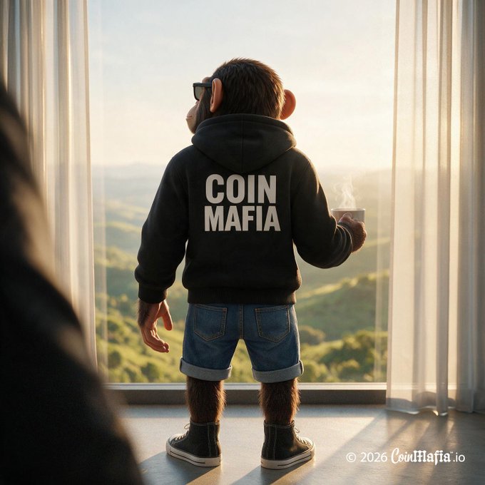 A cartoon character stands with his back turned, gazing out a large window at a scenic landscape while holding a steaming mug. He wears a black hoodie emblazoned with "COIN MAFIA" in bold white letters, pairing perfectly with the casual "GM frens!" greeting to convey a relaxed, community-vibe morning sentiment.