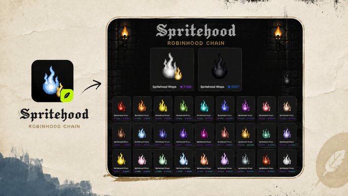 A promotional graphic for 'Spritehood' on Robinhood Chain showcasing a collection of flame sprites in various colors displayed on a dark grid interface.