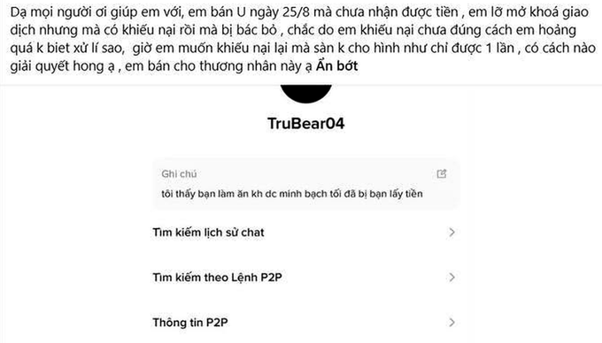 A Vietnamese-language message asking for help regarding a P2P trade where the user paid but never received money after a scam attempt, showing the user profile 'TruBear04' with options to search chat history, search by P2P command, and view P2P information.