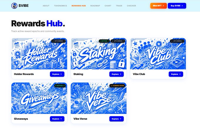 A webpage screenshot of the SVIBE 'Rewards Hub' displaying five blue-themed tiles: Holder Rewards, Staking, Vibe Club, Giveaways, and Vibe Verse, with navigation links and buttons for 'Mine NFT' and 'Buy $SVIBE' at the top.