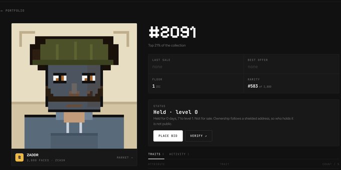 A screenshot of an NFT marketplace page showing pixel art of a character wearing a green helmet (item #2091, named ZADOR), with a 'PLACE BID' option and a top bid of #583.