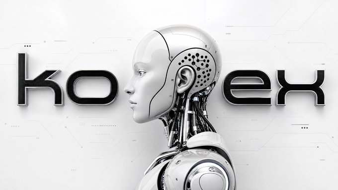 A futuristic black-and-white graphic featuring a robotic/cyborg head with the stylized text 'ko eH' overlaid.