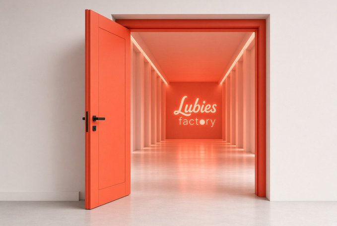 A bright image of an open orange doorway leading into a neon-lit corridor with a glowing 'Lubies factory' neon sign at the end.