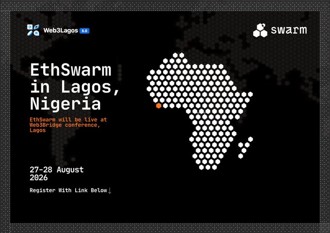 A promotional graphic for 'Web3Lagos 6.0' and 'swarm' announcing 'EthSwarm in Lagos, Nigeria' on 27-28 August 2026, featuring a dotted map of Africa with Lagos highlighted in orange.