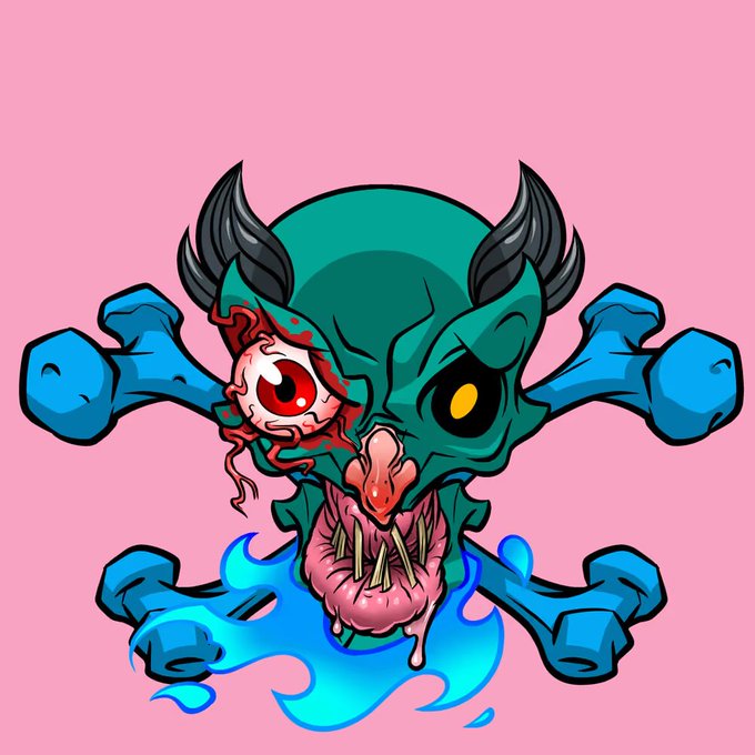 A stylized cartoon illustration of a grotesque, monstrous face with horns and bones, featuring a bloody eyeball and exposed teeth, set against a pink background.