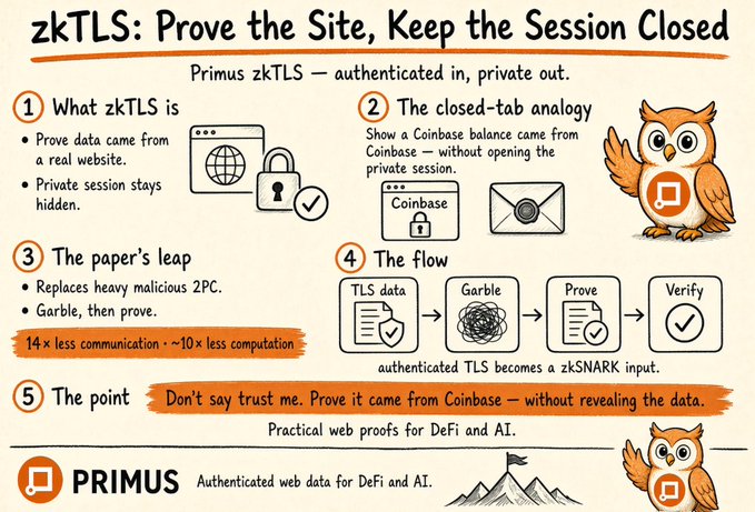 An infographic titled 'zkTLS: Prove the Site, Keep the Session Closed' by Primus, explaining zero-knowledge TLS concepts across five numbered sections including 'What zkTLS is,' 'The closed-tab analogy,' 'The paper's leap,' 'The flow,' and 'The point,' featuring owl mascots.
