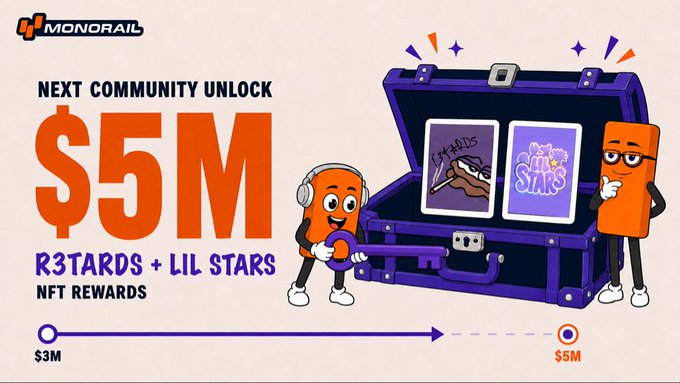 Monorail's "$5M NEXT COMMUNITY UNLOCK" promo advertises R3TARDS and LIL STARS NFT rewards as part of a trading incentive campaign that includes a chance to win a free trip to Singapore. The graphic shows cartoon characters holding a treasure chest containing the two featured NFT collections, with a progress bar indicating rewards unlock between the $3M and $5M trading milestones.