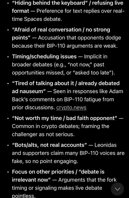 A list of common deflection tactics used in crypto debates, including 'hiding behind the keyboard,' 'afraid of real conversation,' 'timing issues,' 'tired of talking about it,' 'bots/alts,' and 'debate is irrelevant now,' citing crypto.news.