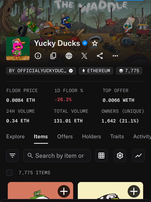 A screenshot of the "Yucky Ducks" NFT collection page on Ethereum shows a floor price of 0.0084 ETH, down 26.2% in 24 hours, with 7,775 items, 1,642 unique owners, and a 24H volume of 0.34 ETH. The image illustrates the "red candle" mentioned in the post, reflecting the recent price decline despite the project's continued community strength and the poster's commitment to staying "Yucky."
