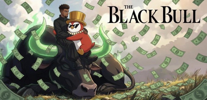 A man sits atop a massive black bull wearing a gold top hat while money rains down around them, with the text "THE BLACK BULL" displayed prominently—visually representing the post's claim that $ANSEM will reach a $10 billion market cap.