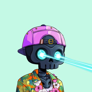 A digital illustration of a robotic skull character wearing a pink baseball cap and a floral shirt, with glowing blue laser eyes on a light green background.