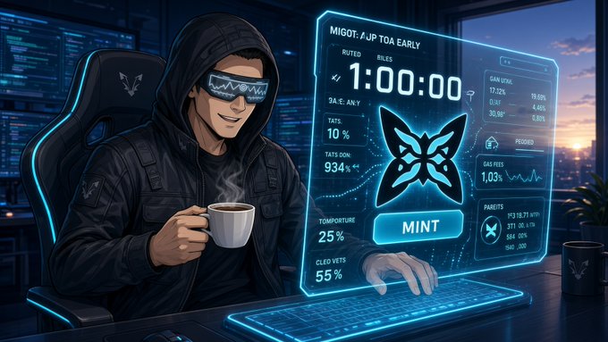 An anime-style illustration of a hooded character with glowing visor glasses holding a coffee mug, interacting with a holographic interface labeled 'MIGOT: AJP TOA EARLY' showing a timer of 1:00:00 and a butterfly 'MINT' logo.