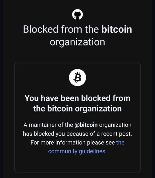 A GitHub notification screen reads 'Blocked from the bitcoin organization' stating the user has been blocked due to a recent post.