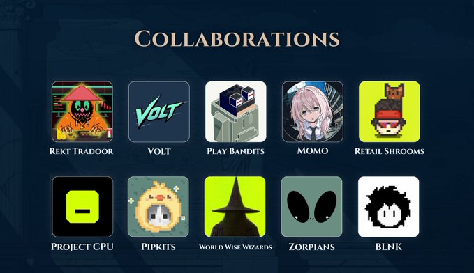 The image displays a "Collaborations" page featuring logos and artwork from 10 NFT partners: Rekt Tradoor, Volt, Play Bandits, Momo, Retail Shrooms, Project CPU, Pipkits, World Wise Wizards, Zorpians, and BLNK. The visual showcases the network of NFT projects Olympus Prime has partnered with to secure whitelist spots, with Rekt Tradoor and Momo specifically highlighted in the post as recent successful mints.