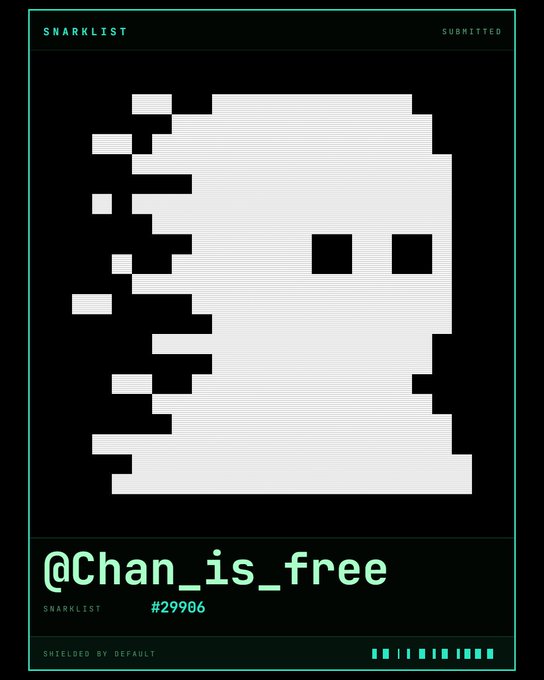 A digital poster titled 'SNARKLIST' displays a pixelated white skull against a dark background, with the text '@Chan_is_free' and '#29906' at the bottom.