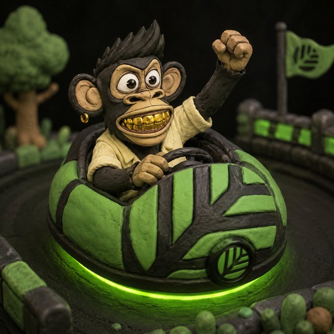 A 3D-rendered figurine of a cartoon monkey character with gold teeth driving a green bumper car with its fist raised triumphantly.