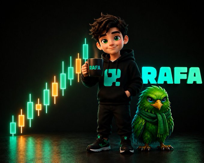 In this digital illustration featuring a boy holding a coffee cup next to an owl figure, there's a quote from @RAFA_AI about using AI for trading. The scene might be designed to demonstrate how AI can assist traders in processing vast amounts of information and making quicker decisions based on market data analysis. The presence of the bird and owl may symbolize the constant evolution and interaction between humans and technology in the financial world.