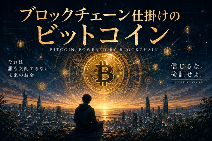 The image features a man sitting on a rock, looking up at the sky with a city skyline in the background. The scene appears to be set during sunset or sunrise, as indicated by the warm colors of the sky. The image also includes Japanese text that reads "BITTECOIN POWED BY BLOCKCHAIN" and "DON'T TRUST THE FUTURE SERIES".